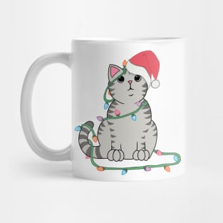 Gray Tabby Cat Christmas lights funny cat lover xmas hat Mug